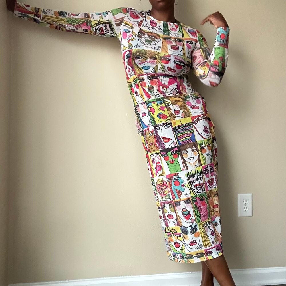Betsey Johnson Art Faces Mesh Midi Dress Size Small